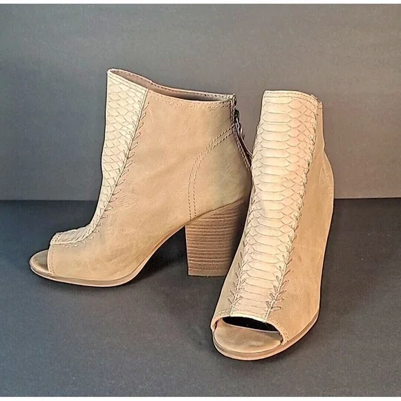 Steve Madden Boots Womens 9M Beige Open Toe Block Heel Leather Faux Snakeskin - Picture 4 of 11